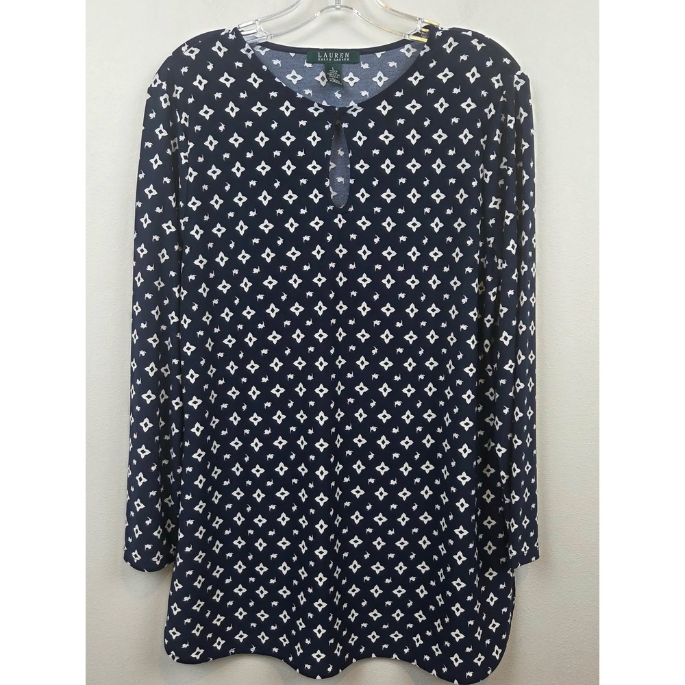 Lauren Ralph Lauren Navy White Geometric Keyhole Tunic Top Size Large